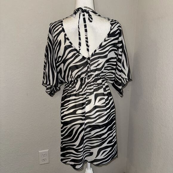 Miken Cover Up Dress Women's Large White Black Zebra Print Beaded Empire Waist - Picture 3 of 9